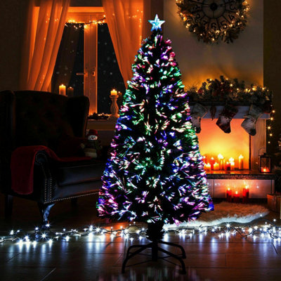 B&Q -  7Ft Pre Lit Fiber Optic Christmas Xmas Tree Colour Changing Xmas Lights Star Green