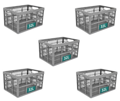 Thumbs Up 32 Litre Silver Plastic Storage Crates Stackable Box Home Garage Warehouse 5X from B&Q