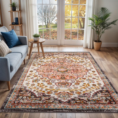 Livabliss Ankara-Vintage Pink Yellow Traditional Boho Living Dining Bedroom Rug 160 X 213 Cm Easy CareNon Shedding from B&Q