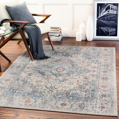 Livabliss Jolie-Vintage Blue Grey Ivory Burgundy Traditional Boho Living Dining Bedroom Rug 160 X 220 Cm Easy CareNon Shedding from B&Q
