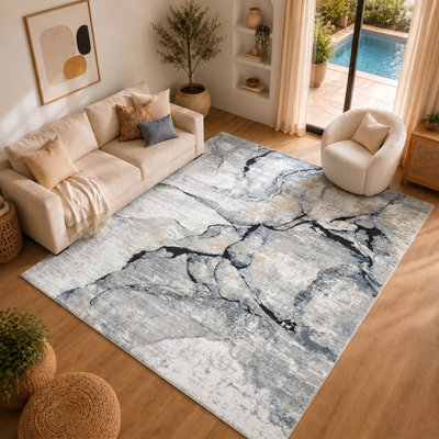 Livabliss Jolie-Abstract Grey Blue Ivory Brown Modern Marble Living Dining Bedroom Rug 160 X 220 Cm Easy CareNon Shedding from B&Q