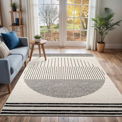 Livabliss Pisa-Geometric Black Grey Ivory Modern Living Dining Bedroom Rug 200 X 275 Cm Easy CareNon Shedding from B&Q