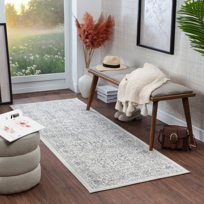 Livabliss Roma-Vintage Off-White Grey Charcoal Traditional Boho Living Dining Bedroom Rug 80 X 220 Cm Easy CareNon Shedding from B&Q