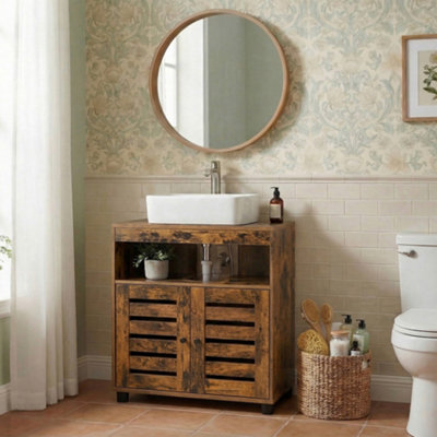 LEDREM Under Sink Cabinet Bathroom Storage Cupboard 60 X 30 X 63 Cm With 2 Louvre Doors Adjustable Board Rustic Brown from B&Q