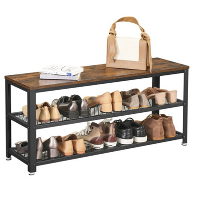 LEDREM Vasagle Shoe BenchShoe Rack With 2 ShelvesShoe Organiser,entryway Living Room HallwaySteel StructureRustic Brown And Black