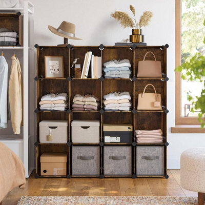 Songmics 16-Cube Storage Unit, Shoe Rack, Diy Shelving System, Stackable Cubes, Pp Plastic Shelf, Closet Divider, Rustic Brown