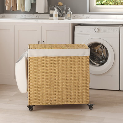 LEDREM Laundry BasketHandwoven Laundry Hamper140L Rattan-Style Washing Basket With 3 CompartmentsRemovable LinerHandlesLid