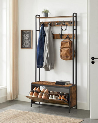 Songmics Hall Tree BenchCoat Rack With Shoe OrganizerEquipped With 9 Hooks And Upper ShelfIndustrialRustic Brown And Black from B&Q