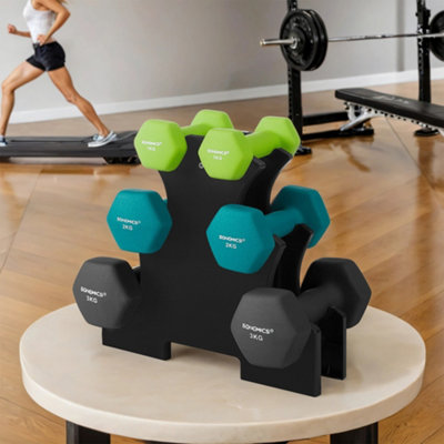 LEDREM Hex Dumbbells Set With Stand2 X 1 Kg2 X 2 Kg2 X 3 KgNeoprene Matte FinishHand Weights For Home Exercise from B&Q