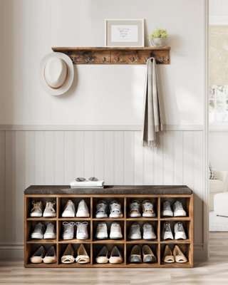 Songmics Vasagle Entryway Shoe Bench, Cushioned Shoe Cabinet With 15 Open Compartments, Rustic And Brown