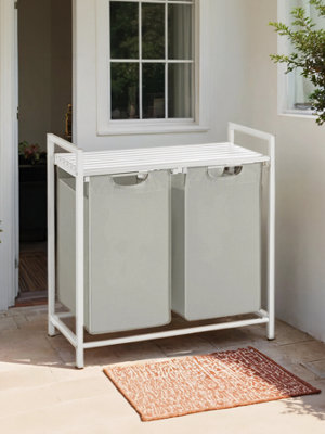 Songmics Vasagle Double-Bin Laundry Hamper, Clothes Basket, Pull-Out Linen Bags, Sorting Rack, Metal Frame, White