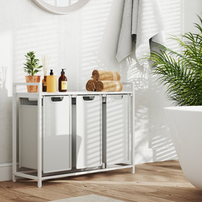 LEDREM Laundry Basket3-Compartment Laundry HamperPull-Out And Removable Laundry BagsLaundry SorterShelfMetal Frame