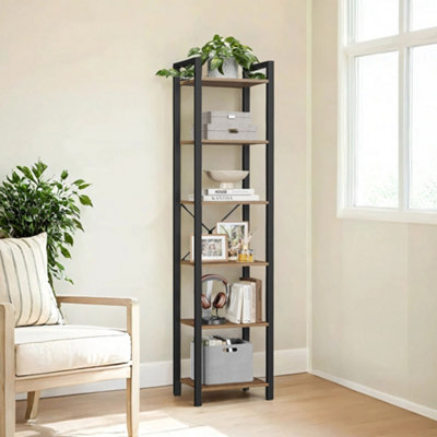 LEDREM 6-Tier Tall BookshelfNarrow Bookcase With Steel FrameSkinny Book Shelf For Living RoomStudyBrown And Black from B&Q