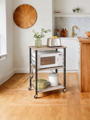 LEDREM Rolling Storage Cart3-Tier Serving Trolley With HooksKitchen Shelf For Microwave And ToasterBlack And Greige from B&Q