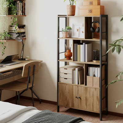 LEDREM Vasagle BookshelfStorage ShelfLarge Bookcase With Doors4 ShelvesSteel StructureIndustrial StyleFor Living Room