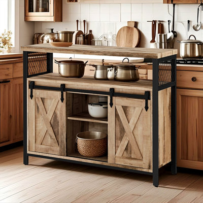 LEDREM SideboardCoffee Bar CabinetKitchen Storage CupboardWith 2 Sliding Barn Doors,adjustable ShelvesFor Living Room from B&Q