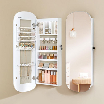 B&Q -  Mirror With StorageLed Mirror Jewellery Cabinet Wall/door MountedLockable Wide Mirror CabinetWhite & Greige Lining