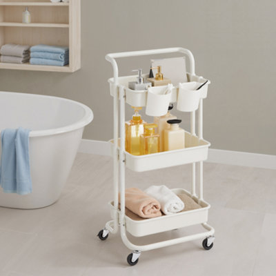 LEDREM 3 Tiers Mobile TrolleyStorage Shelf With HandlePlastic BasketsFor BedroomKitchenWhite from B&Q