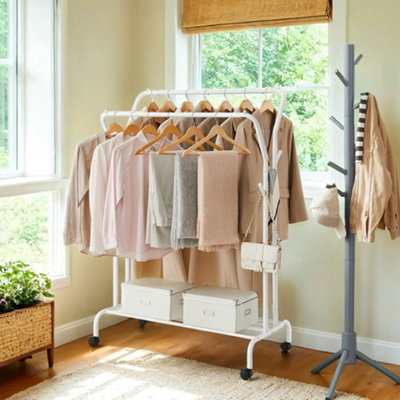 LEDREM Clothes RackDouble-Rod Clothing Rack With WheelsHeavy-Duty Garment RackClothes Storage And DisplayWhite from B&Q