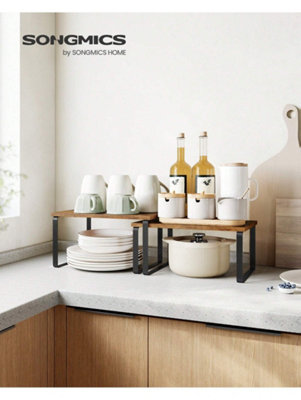 SONGMICS home Spice Rack, Set of 2 Cupboard Shelf Organisers, Vintage Brown and Ink Black