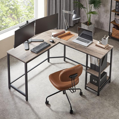 B&Q Corner Office Desk, L-Configuration Workstation, Gaming Station, Desk With 2 Shelves For Storage, Greige And Black