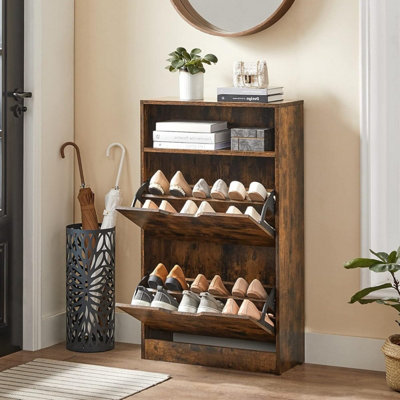 Songmics Vasagle Shoe Cabinet 2 Flip Doors3 Tier Shoe RackWith 1 Open CompartmentAdjustable And Removable DividerRustic Brown from B&Q