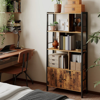 LEDREM Vasagle BookshelfStorage Shelf With Doors4 ShelvesFor Living RoomOfficeRustic Brown And Ink Black from B&Q