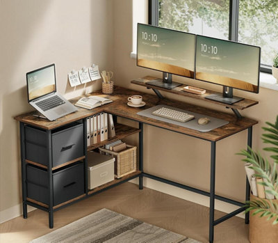 B&Q Gaming Desk, L-Shaped Computer Desk With 2 Spacious Drawers And Monitor Stand, Corner Desk, Rustic Brown