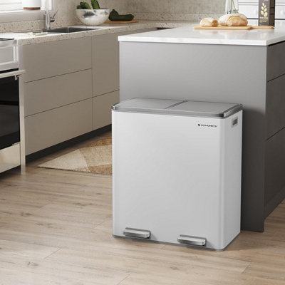 Songmics Double Compartment Rubbish Bin With 2 Bin BagsMetal Foot PedalsPlastic BucketsAirtightWhite And Black from B&Q