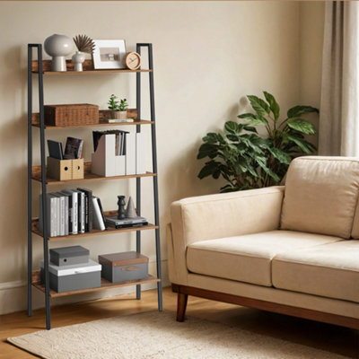 LEDREM Ladder Shelf5-Tier Narrow ShelfBookshelf For Home OfficeLiving RoomBedroomKitchenRustic Brown And Black from B&Q