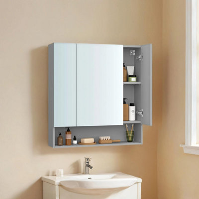 Songmics Grey Vasagle Bathroom Mirror Cabinet, Bathroom Cabinet With Mirror, Wall Mirror Cabinet, Open Compartment, Shelves, Dove