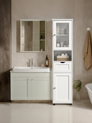 LEDREM Tall Bathroom CabinetSlim Bathroom Storage CupboardOpen ShelfGlass DoorAdjustable ShelvesSpace-SavingWhite from B&Q