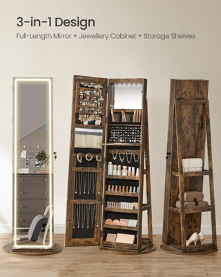 Songmics Lockable Jewellery Cabinet With Led & Mirror, Standing Jewellery Armoire, Rustic Brown