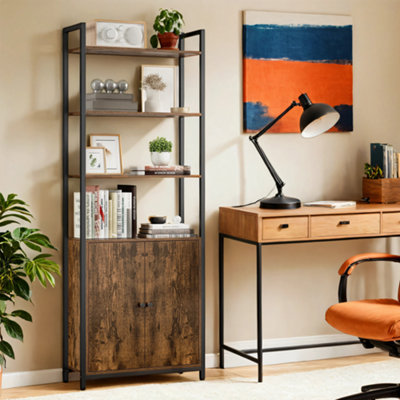 LEDREM Tall Bookshelf With Door6-Tier BookcaseMetal FrameAdjustable Shelves24 X 60 X 159.5 CmLiving Room Bedroom from B&Q