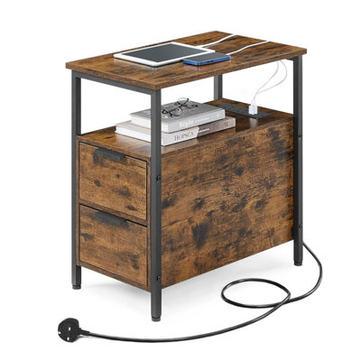 Vasagle Slim Side Table With Charging StationNarrow End 2 DrawersBedside StorageFor Living RoomBedroomRustic Brown And from B&Q