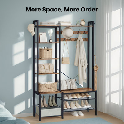 LEDREM Hall Tree With Bench And Shoe StorageHallway Coat Rack With Shoe Bench And 5 Storage Shelves140 X 120 X 190 Cm from B&Q