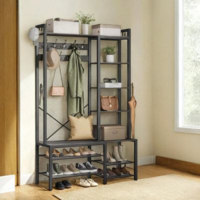 LEDREM Hall Tree With Bench And Shoe StorageHallway Coat Rack With Shoe Bench And 5 Storage Shelves9 Coat Hooks And 6 Side Hooks from B&Q