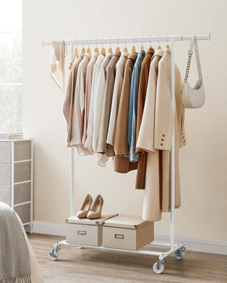 Songmics Clothes Stand On Casters, Robust Garment Rack, Expandable Clothes Rod, Effortless Setup, Mobile Convenience, White