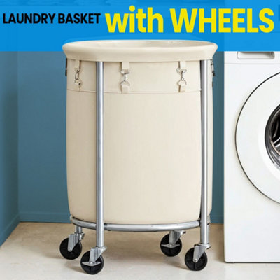 LEDREM Laundry Basket On WheelsLaundry Trolley 110LRound Laundry Hamper With Steel Frame And Removable Bag from B&Q