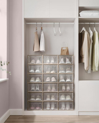 Songmics Shoe Boxes, Pack Of 18 Stackable Shoe Storage Organisers, Foldable & Versatile For Sneakers, Transparent & Oatmeal Beige