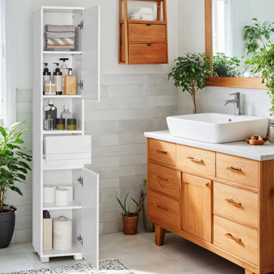 LEDREM Tall Bathroom CabinetSlim Storage CabinetNarrow CupboardBathroom Storage UnitWith A DrawerAdjustable Shelves from B&Q