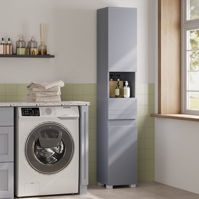 LEDREM Tall Bathroom CabinetSlim Storage CabinetNarrow CupboardBathroom Storage UnitWith A DrawerAdjustable Shelves from B&Q