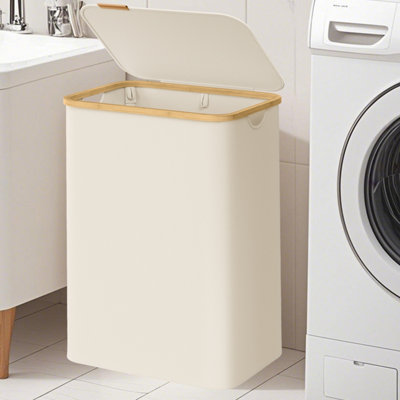 LEDREM Laundry Basket With Lid2-Section Large Laundry Hamper130LRemovable Mesh LinerOxford FabricBamboo HandlesCollapsible from B&Q
