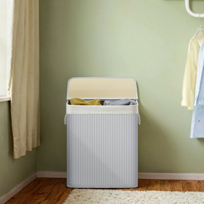 LEDREM Laundry Basket With LidBamboo Laundry Basket With 2 Sorting CompartmentsRemovable BagCotton HandlesVolume 100L from B&Q