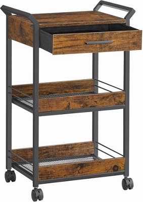 Songmics Storage Trolley,3-Tier Rolling Cart With Table TopHandles,4 Lockable Castors,for Bathroom,rustic Brown And Ink Black from B&Q