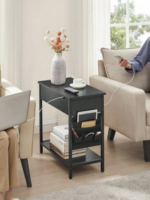 LEDREM Slim Side Table With Charging StationNarrow Bedside Table With StorageEnd Table With Usb PortsOutletsFabric Bags from B&Q