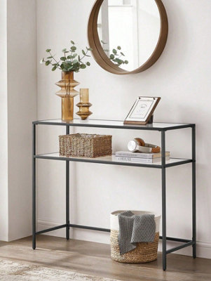 LEDREM Console TableSide TableTempered Glass TabletopModern Sofa TableEasy AssemblyWith 2 ShelvesBlack from B&Q