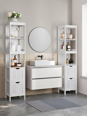 Songmics Vasagle Tall Bathroom Cabinet With Feet And Slim Column With 2 Drawers And 3 Open Compartments30 X 30 X 141.5 CmWhite from B&Q