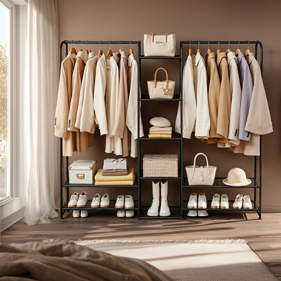LEDREM Clothes RackOpen Wardrobe29 X 183 X 158.4 CmClothes RailCoat Rack With ShelvesMetalFreestandingInk Black from B&Q