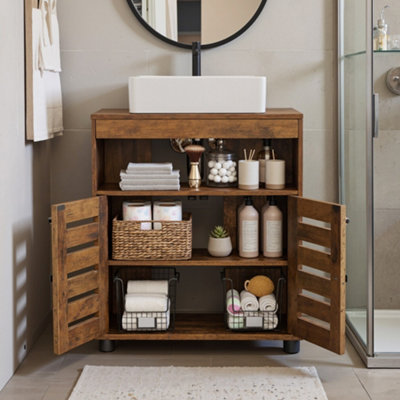 LEDREM Bathroom Cabinet With Adjustable ShelfStorage Unit With 2 Louvred DoorsFor Pedestal SinksBrown from B&Q